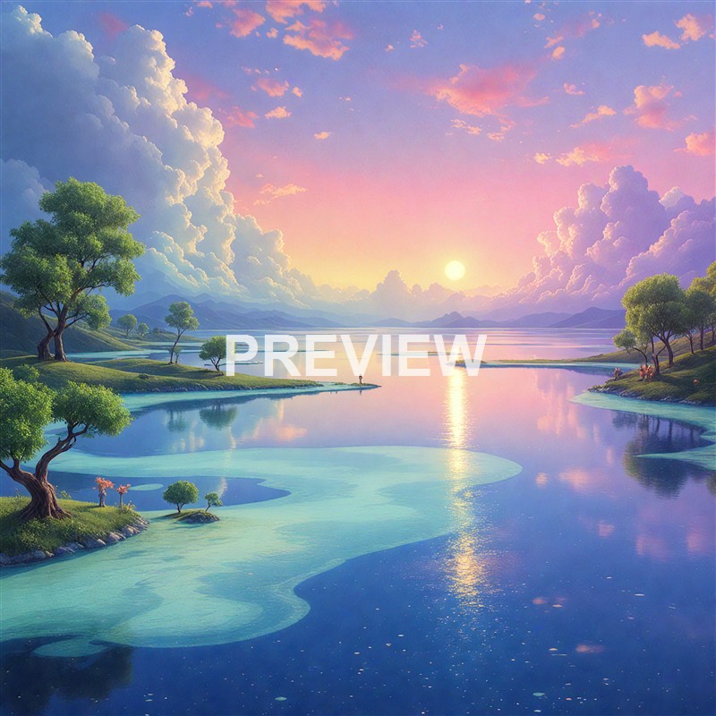 A serene landscape featuring a calm body of water reflecting a colorful sky with clouds and a setting or rising sun, surrounded by green trees and distant mountains.